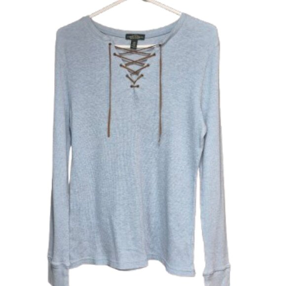 Lauren Jeans Co Waffle Knit Light Blue Lace-Up Long Sleeve Top Women's Sz Large - Picture 2 of 11